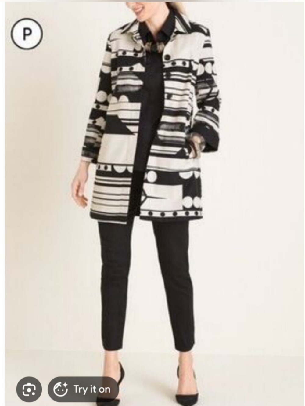 Chicos Black & White Geometric Patterned Pleated Back Jacket Linen Size 1P